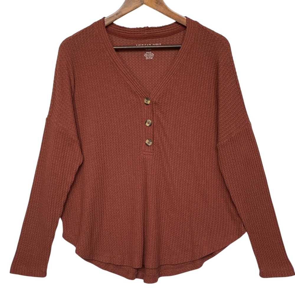 American Eagle Soft & Sexy Plush Henley Waffle Knit Top Rust Brown Medium